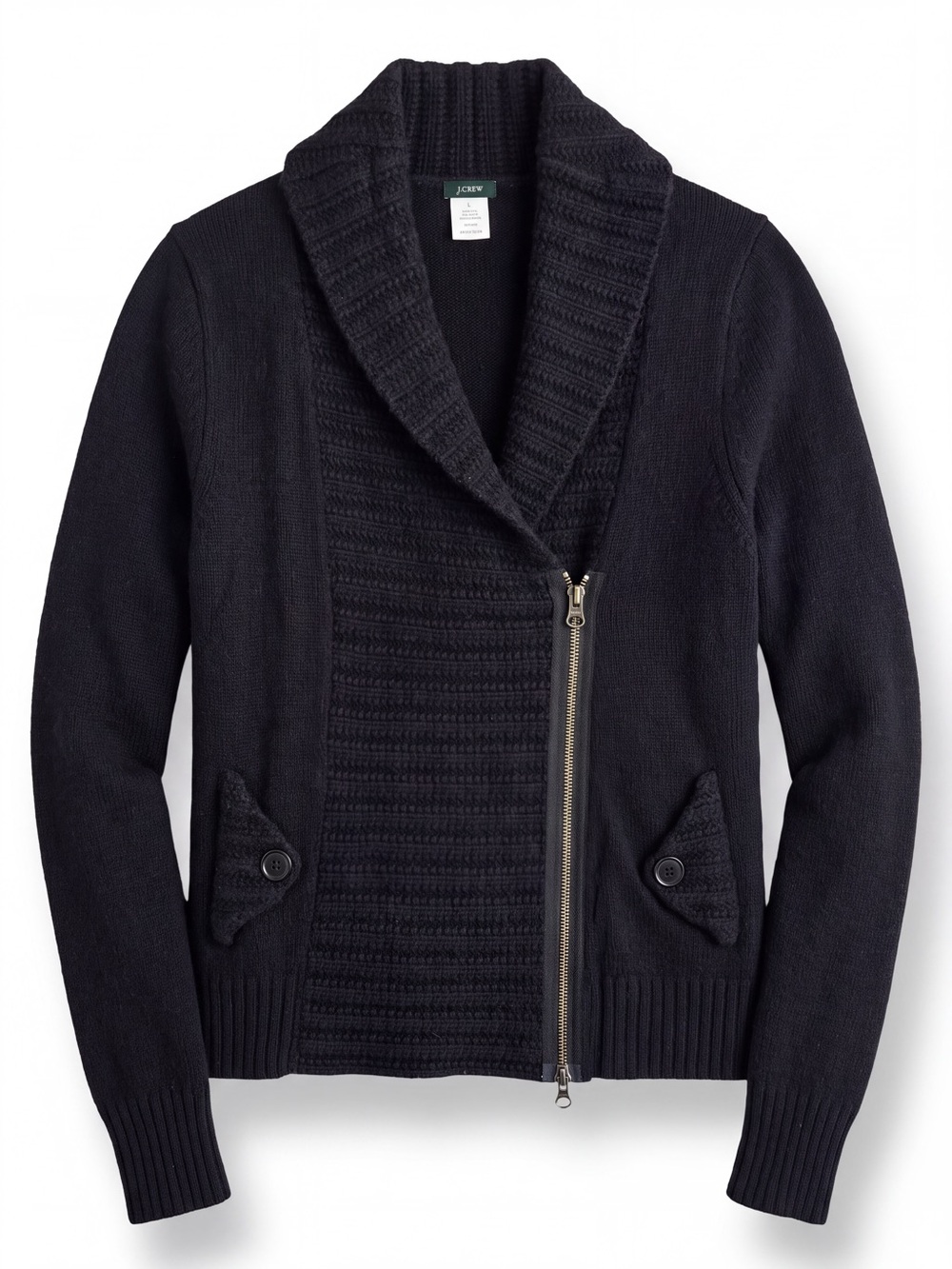 J.Crew Black Wool Cashmere Asymmetrical Zip Shawl Collar Moto Cardigan Large - Picture 2 of 3